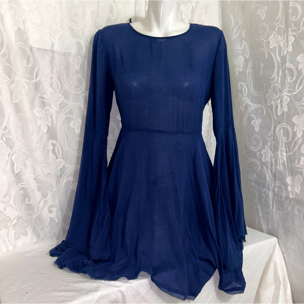 Ecote Navy French Style Cotton Blend Long Bell Sleeve Mini A-Line Dress